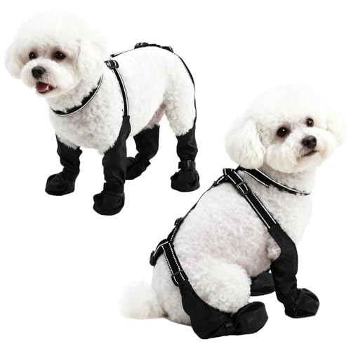 BECROWM Waterproof Dog Boots for Small/Medium Dogs -Dog Paw Protectors Dog Suspender Boots Anti-Slip...