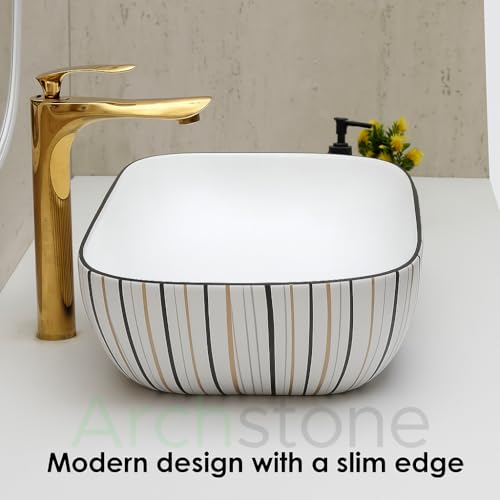 Image of Archstone Wash Basin for Bathroom-1 Yaer Warranty- Tabletop Washbasin - Ceramic Glossy Rectangle Designer Moroccan Countertop Vessel Sink, Dining Hall & Vanity 33x45x14.5 cm (Luxury Strip Design)