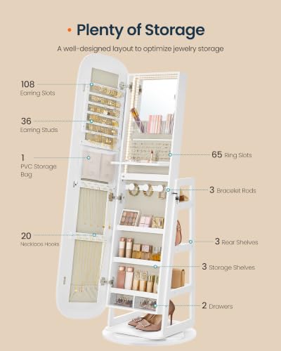 Image of SONGMICS HOME 360 Swivel Jewelry Cabinet Standing, Mirror with Storage