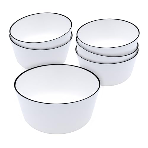 Lot de 6 bols à céréales en mélamine blanc bord noir - 700 ml - Saladier camping pique-nique - Vaisselle 4 personnes - Accessoires - Passe lave-vaisselle