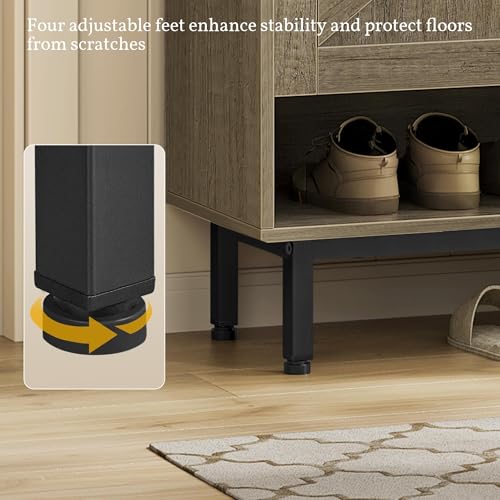 Image of Yaheetech Shoe Storage Cabinet with Doors, Farmhouse Shoe Cabinet with 2 Adjustable Shelves and 4 Side Hooks, Wooden Shoe Rack Organizer Cabinet for Entryway, Foyer, Hallway, Washed Gray
