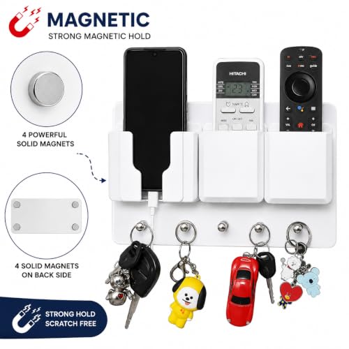 Image of Rainbow Dots ABS Remote Holder with Stainless Steel Key Hooks & Mobile Stand - Modern Wall Mount Organizer for Living Room, Entryway & Office (Magnetic White Key)