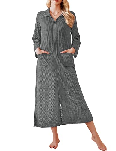 Ekouaer Waffle Robes for Women Long Zipper Bathrobes Lightweight House Coat Soft Sleepwear with Pockets Loungewear S-XXL