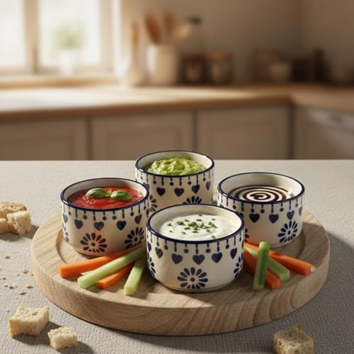 Image of Freakway Indigo Blossom 4-Piece Ceramic Dipping Bowl Set, Blue and White, Microwave & Dishwasher Safe, Decorative Heart and Flower Pattern