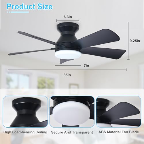 Image of Depuley Modern Ceiling Fan with Light: 35-Inch Black Small Fans for Bedroom Indoor Outdoor - Dimmable Low Profile Ceiling Fans with Remote Control Flush Mount 5 Reversible Black Blades 6 Speeds Timer