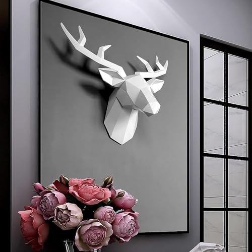 YAKINO 壁掛け 鹿 オブジェ 壁飾り 、幾何学的な創造的なリビングルームの樹脂動物のペンダントフ人工鹿の頭枝角の壁がぶら下がっています (ホワイト,小さい) [5]