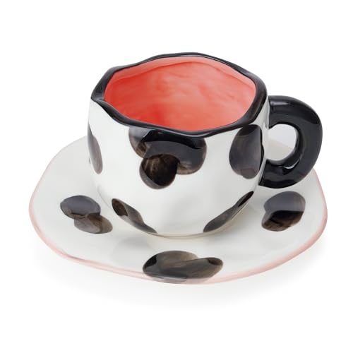 Grexenta Kaffeetassen Set mit Untertasse, Süßes Tassengeschenk,Frauen zum Geburtstag Tee Kaffee Becher 250 ml Keramik Geburtstagsgeschenk für Mädchen Mama Freundin (Schwarz)