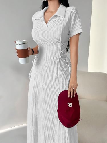 Image of Shasmi Women's Solid Color Applique Lace-Up Collared Short Sleeve, Side-Tie Waist Long Casual Maxi Women Dress Outfit Long Evening Midi Western Party Dress for Women (Dress 211)