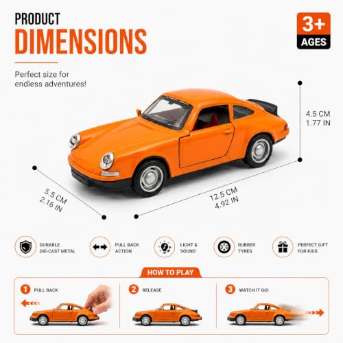 Image of 1:36 Scale Porscha 911 Die-Cast Alloy Toy Car - Pull-Back Metal Sports Car with Openable Doors, LED Lights & Sound - Collectible Model for Kids, Boys & Enthusiasts (Orange)