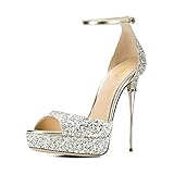 FSJ Women Platform High Stiletto Heels Sandals Peep Toe with Ankle Straps Buckle Sexy Summer Pumps Shoes Size 7 Glitter