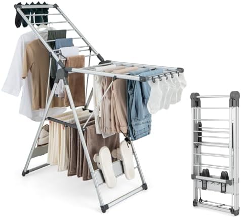 HOMASIS Étendoir à Linge Pliable avec Ailes, Hauteur réglabl...