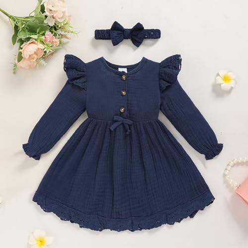 Sinhoon Toddler Fall Dress Baby Girl Dress Ruffle Long Sleeve Toddler Girl Dress Smocked Baby Fall Dresses with Bow Headband2