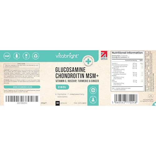 Glucosamin Chondroitin MSM Hochdosiert | 180 Kapseln | 3 Monate Vorrat | Kollagenbildung für Knochen & Knorpelfunktion | Mit Kurkuma, Ingwer & Hagebutte | VitaBright