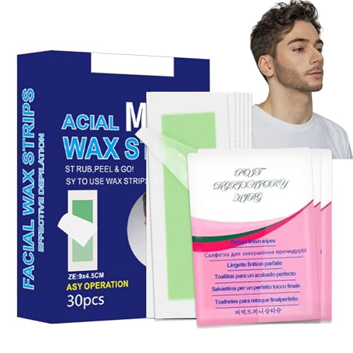 Ledeak Bandas de Cera Fría Depilatoria, Facial Bandas de Cera Depilatoria, Crema Depilatoria Hombre para Depilación Facial, Pecho y Espalda, Set de 30 Bandas de Cera y 3 Después Depilacion Aceite
