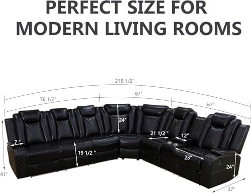 Image of Power Reclining Sectional Sofa for Living Room,Modern L-Shaped Air Leather Sectional Couch Set,Recliner Sofa Set,with LED Lights,Cup Holder,Storage,Charging Ports,Home (Blcak)