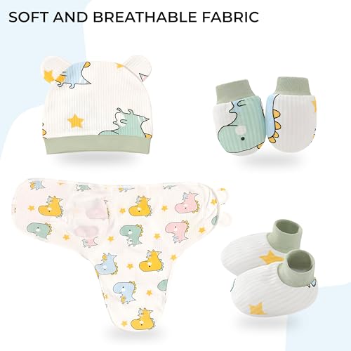 Image of BEMBIKA Newborn Baby Essentials Dress Set Clothing Combo With Swaddle Wrap, Mittens, Cap And Booties- (Dino Print - Set Of 4)