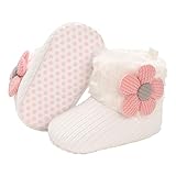 Baby Fleece Booties Newborn Warm Slippers Cozy Winter Boots Sock Shoes Infant Crib Bootie with Non Skid Bottom 6-12Months (White Flower)