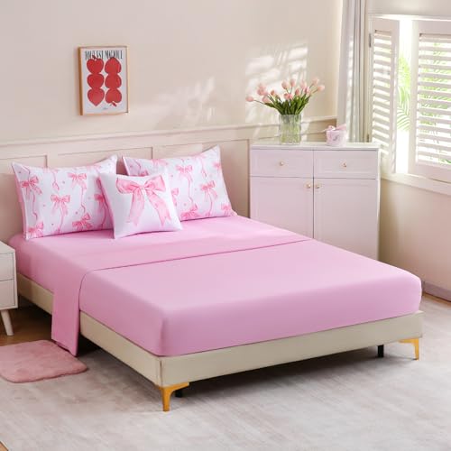 Image of DORCAS Bow Full Size Comforter Set for Girls,6 Pieces Bed in A Bag Pink Bow Bedding Sets with Sheets for Kids