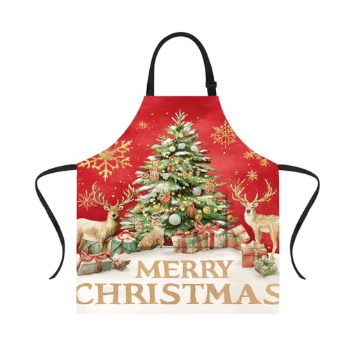 CRYSLOVE Grembiule Natalizio,Grembiule Cucina Donna Regolabile Grembiuli con 2 Tasche per Cucina Barbecue Festa di Natale Regalo di Natale (Albero di Natale - Renne)