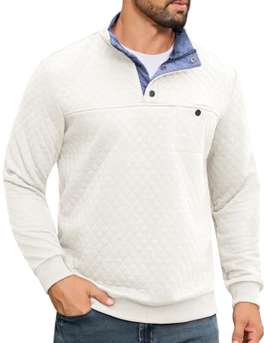 URRU Men's Quilted Sweatshirt Contrast Stand Collar Casual Mock Neck Long Sleeve Quarter Botton Up Fall Pullover Sweater - Main Image