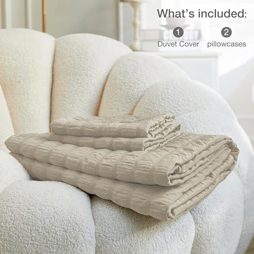 Image of JELLYMONI Light Khaki Duvet Cover Full Size, 3pcs Washed Microfiber Bedding Set, Soft Breathable Seersucker Duvet Cover Set with Zipper Closure and Corner Ties for All Seasons