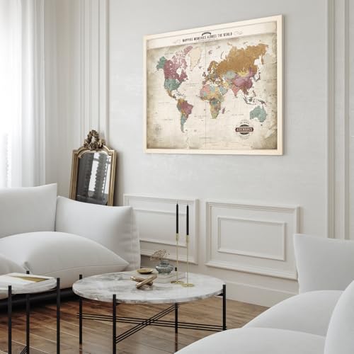 Image of DECORARTS - Oversized World Travel Map with Pins, Pin Board Canvas Wall Art, Extra Large Vintage Pastel World Maps for Wall, Giclee Print, Handcrafted in USA, 40x30''