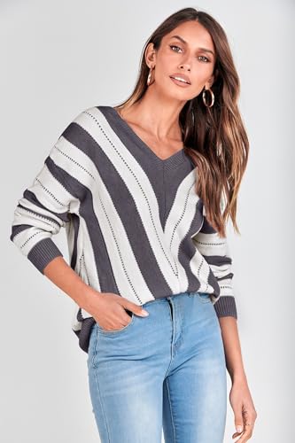 PRETTYGARDEN Sweaters for Women 2025 Long Sleeve Striped Knitted V Neck Pullover Jumper Tops Fall Outfits Fashion Clothing