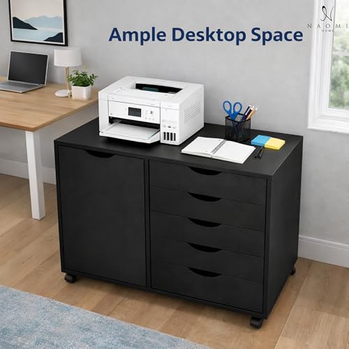 Image of Naomi Home Under Desk Rolling Office File Cabinet with 5 Drawers & Side Storage Cabinet, Mobile Organizer with Shelves & Swivel Casters for Home Office - Black