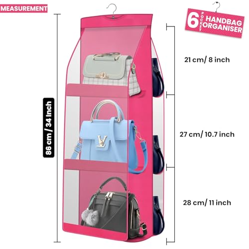 Image of Hanging Handbag Purse Organizer, Upgrade Dust Proof Purse Organizer Closet, Wardrobe Closet Organizer, Washable Handbag Organizer for Women Handbags Purse (6 Pocket 1 Pcs Pink)