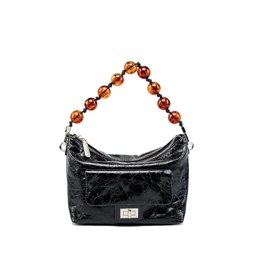 Sac en cuir véritable ciré PDSSUNNY, élégance plissée et chaîne de perles rétro