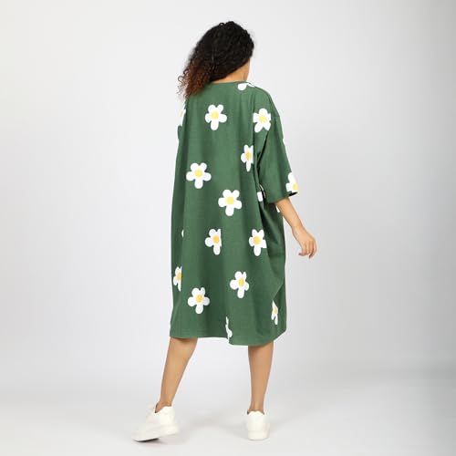 Image of LAMA STORE Women's Printed Oversized T-Shirt Dress, Cotton, 3 /4 Sleeve Length, Casual Loose Fit, Comfort Wear Extra Comfy Oversized Printed Pocket T-Shirt Dress