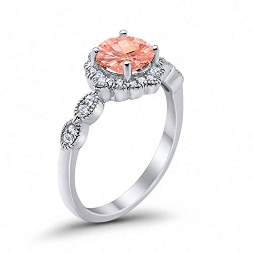 Luxo Jewelry 925 Sterling Silver Halo Floral Art Deco Wedding Engagement Ring Round Simulated Morganite Cubic Zirconia Size-7