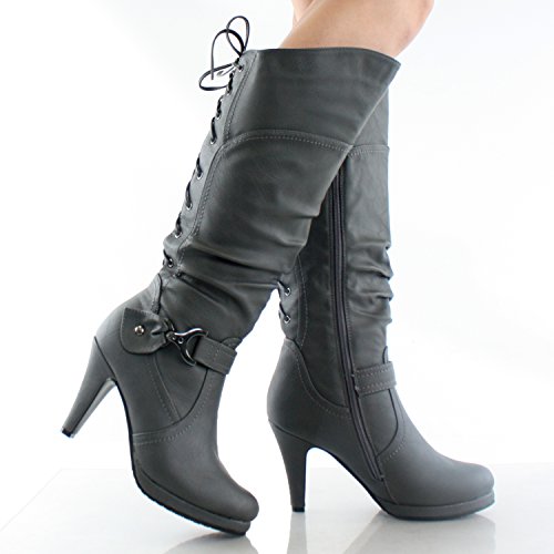 TOP Moda Womens Page-65 Knee High Round Toe Lace-Up Slouched High Heel Boots,Premier Black,9