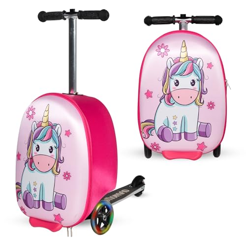 Unicorn Ride-On Scooter Suitcase for Kids - Fun Travel Companion Luggage with Built-in Scooter, LED Wheels, and Carry-On Design for Girls Ages 5-12 - Foldable, Lightweight, Durable