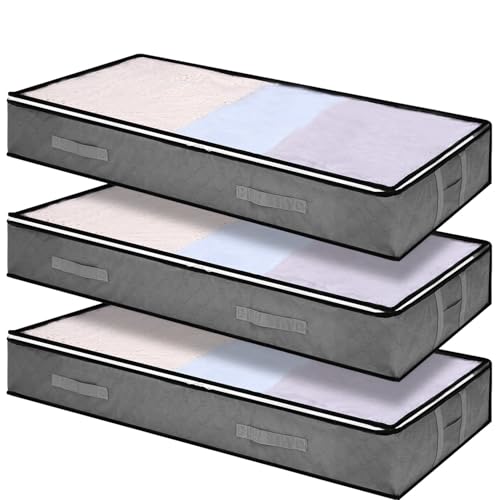 Zhufas 3 Piezas Cama Organizador Armario 90L Bolsas Almacenaje Ropa Debajo de La Cama Plegables Bajo Cama Bolsas con Ventana Transparente Bolsa de Almacenamiento Ropa para Toallas(Gris)