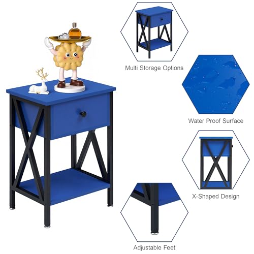 Image of VECELO Nightstands, Modern Bedside End Tables Set of 2, Night Stand with Drawer and Storage Shelf for Living Room Bedroom, Industrial Metal Frame