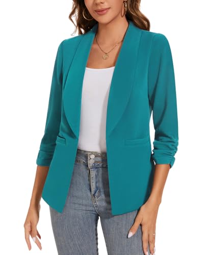 LADI TREND Women's Fall Business Casual Blazers 3/4 Ruched Sleeve Shawl Lapel Trendy Work Office Blazer Jackets Outerwear *Teal,Size M*