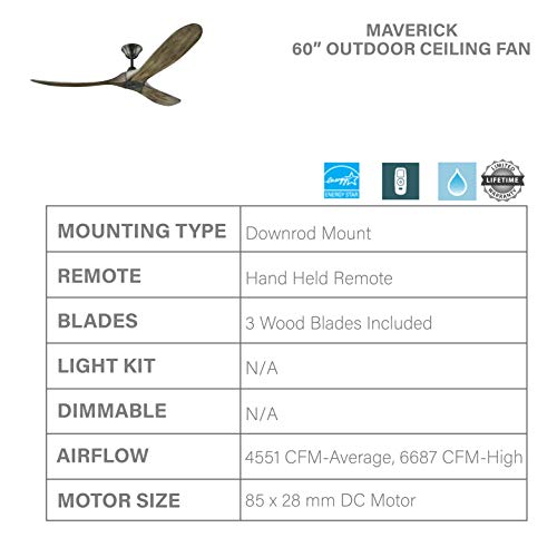 Monte Carlo 3MAVR60AGP Maverick Energy Star 60'' Outdoor Ceiling Fan with Remote Control, 3 Balsa Wood Blades, Aged Pewter thumbnail 5