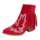 Generisch Botas cortas de invierno para mujer, tacón de bloque, con flecos, antideslizantes, con cremallera lateral, botas de vaquero, rojo, 42 EU