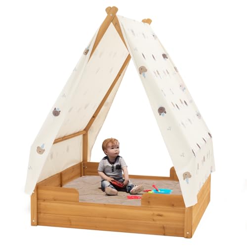 BIRASIL Triangular Wooden Sandbox with Canopy for Aged 3-8 Years Old, Sand Boxes for Backyard Garden, Sand Pit for Beach Patio Outdoor,Indoor and Outdoor Triangular Play Tent