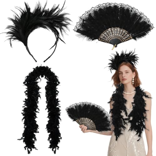 MorLuks Schwarz Federn Kostüm, Federboa + Feder Haarschmuck + Fächer Spitze, Federschal Federfächer, 20er Jahre Kostüm Damen für Halloween...