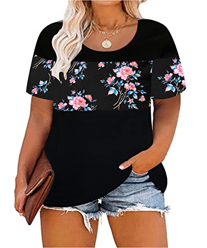 Image of CARCOS Plus Size Tops for Women Short Sleeve Summer Pullover Color Block Crewneck /V Neck Tee Tunic Loose Fit Tshirts XL-5XL
