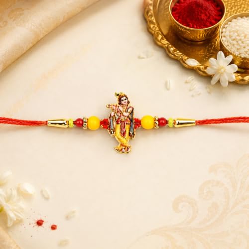 Image of Oblivion Rakhi For Brother - Elegant Stylish God Designer Rakhi with Beads and Silver Colour Pooja Coin, Tilak Set & Greeting Card - Traditional Raksha Bandhan Combo for Bhai