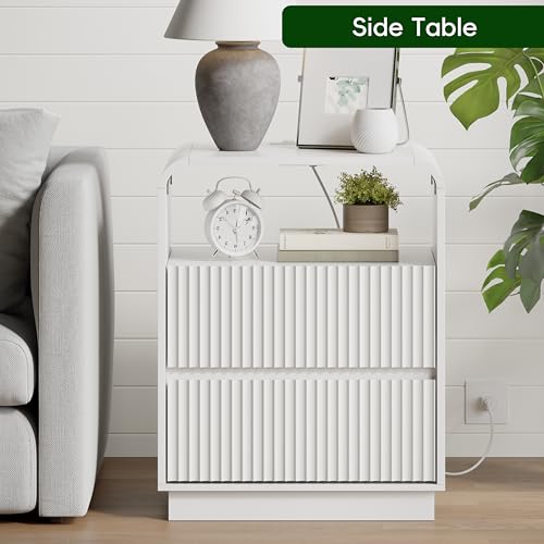 Image of Wodeer White Nightstands Set of 2 with Charging Station, Mid Century Modern End Tables & Bedside Tables, Fluted Wood Small Night Stands with 2 Hidden Drawers and Storage Shelf for Bedroom