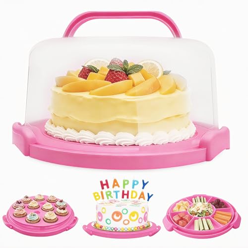 Slomg Plastic Cake Carrier with Lid and Handle, Multipurpose Cake Stand Holder Container for 11 in Cake, Round Cupcake Storage Box Serving Tray with Cover for Bundt Dessert Pie Pizza Eggs Rose Pink
