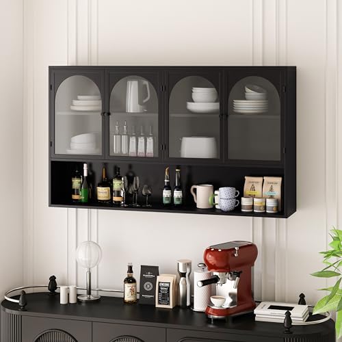 Bladez Armario de pared de metal de 120 cm, 4 puertas con frontal de cristal, armario colgante para cocina, salón, baño, estilo industrial, color blanco (negro + cristal + hierro)