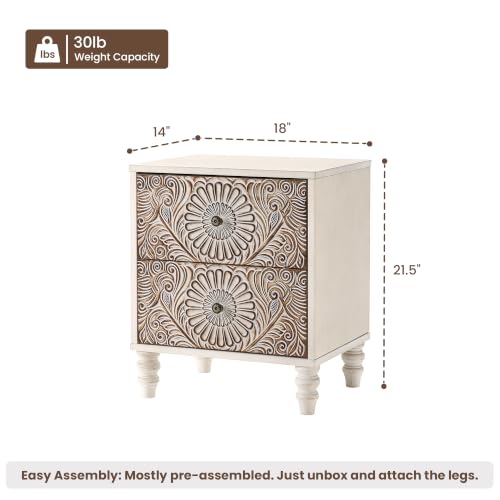 Image of HOMPUS 2-Drawer Farmhouse Nightstand, Fully Assembled Boho Night Stand, Vintage Accent End Table Bedside Table, Small Nightstand Organizer for Bedroom, Laundry, Distress White