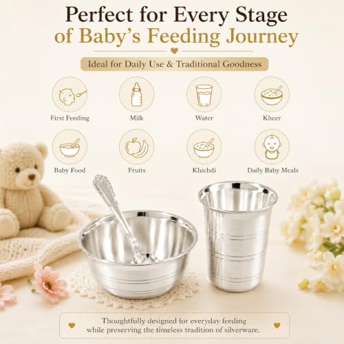 Image of 98% Pure Silver Baby Feeding Set | 3-Piece Silver Bowl, Spoon & Glass Tumbler | Ideal Gift for Baby Shower, Annaprashan, Naming Ceremony, Newborn, Housewarming & Diwali