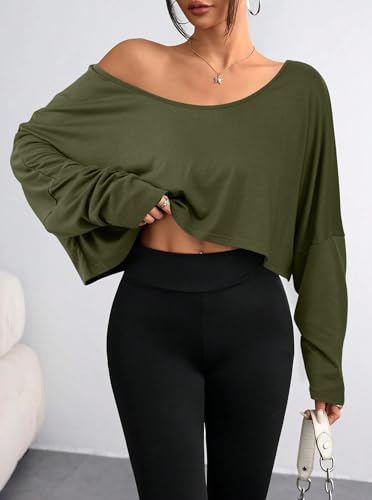 Hilinker Women's Sexy Boat Neck Casual Loose T Shirt Long Sleeve Off Shoulder Crop Tops4