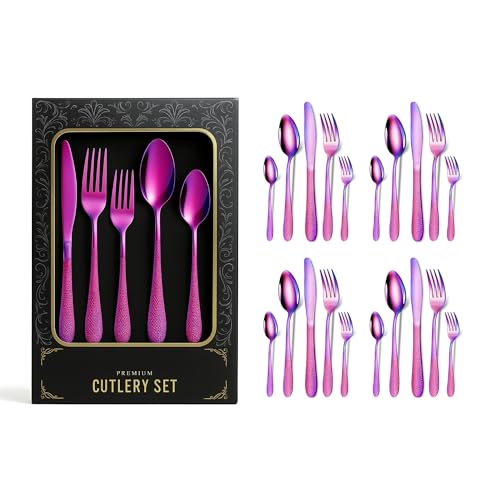 Image of aDai Premium 20 Piece Stainless Steel Cutlery Set | Elegant Hammered Handle Flatware | Includes Spoon Fork Knife Teaspoon | Durable Rust Resistant | Perfect for Gifting (Rainbow)